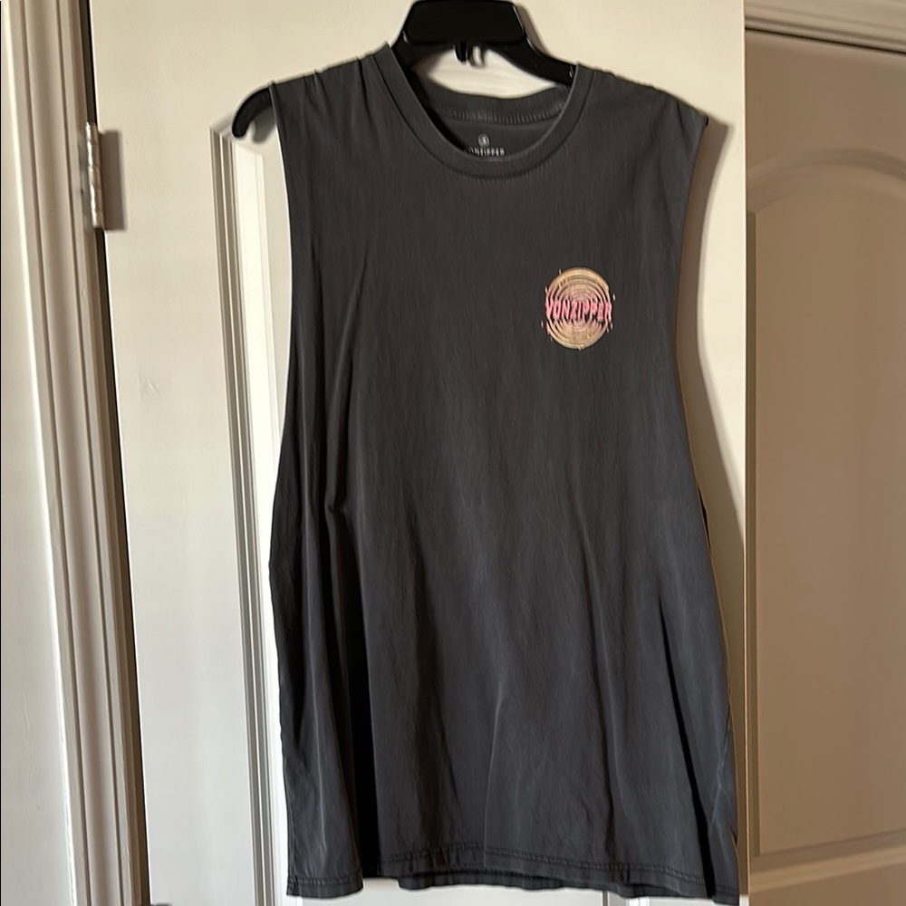 Gray sleeveless muscle tee with crew neck and tank top style